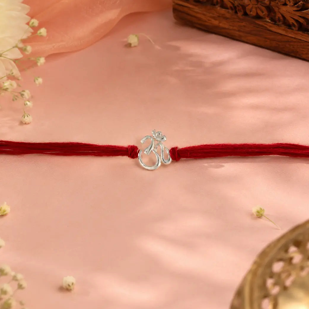 925 Sterling Silver Om Rakhi for Brother with Red Thread