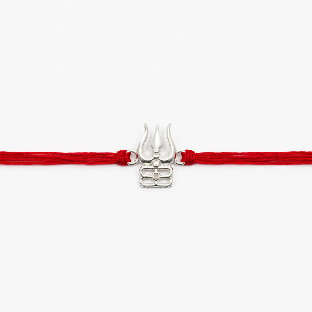 925 Sterling Silver Trishul Damru Rakhi for Brother with Red Thread | Pure Silver Rakhi
