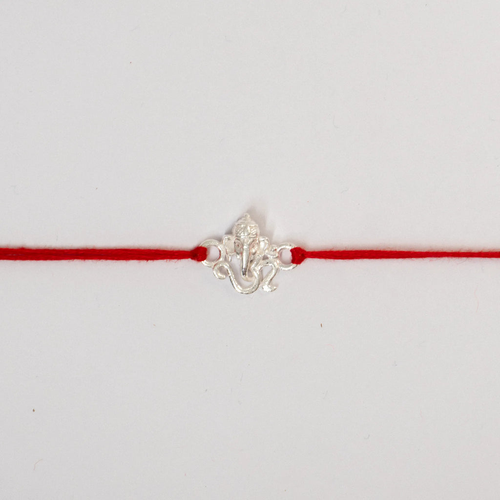 925 Sterling Silver Lord Ganesha Rakhi for Brother with Red Thread