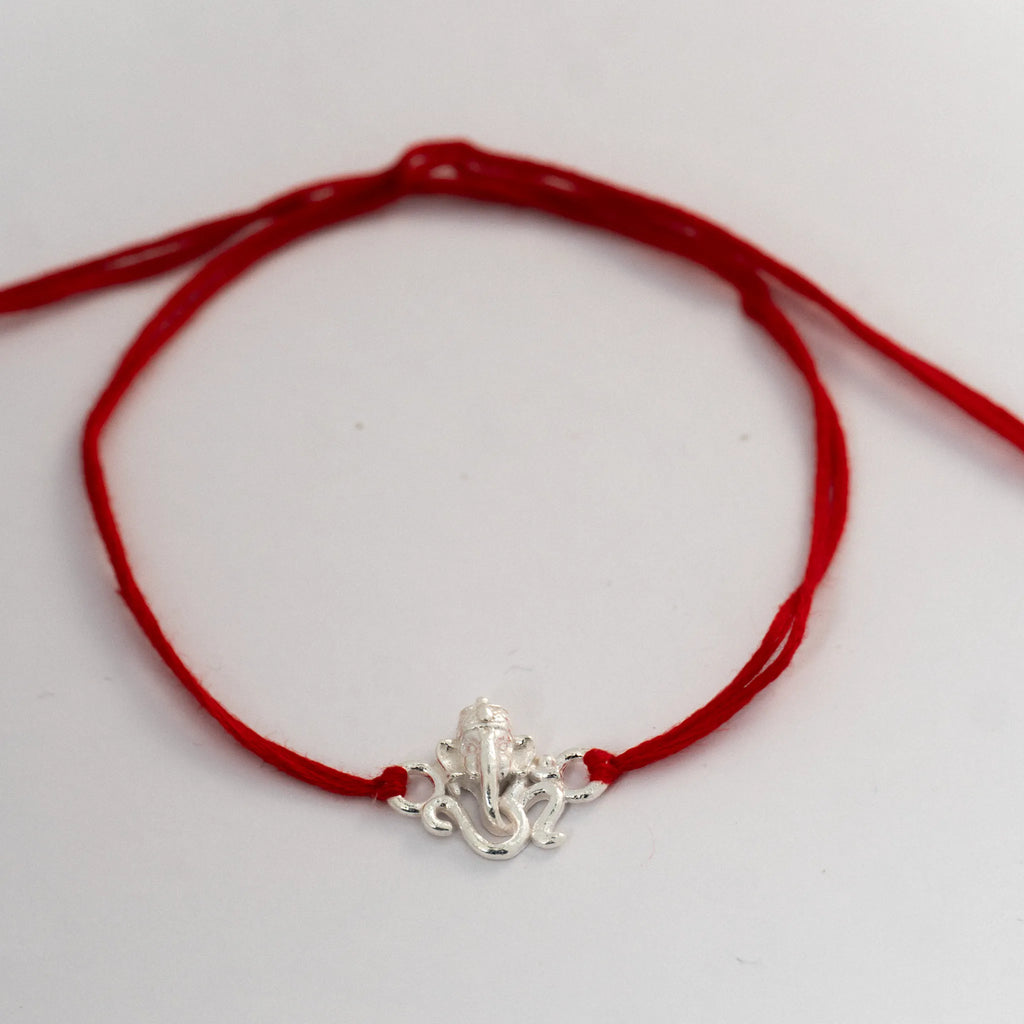 925 Sterling Silver Lord Ganesha Rakhi for Brother with Red Thread