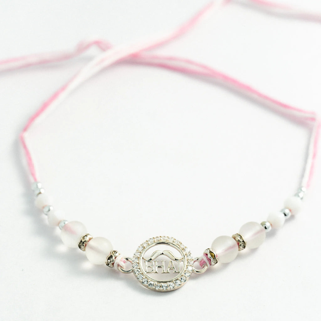925 Sterling Silver Bhai Premium Rakhi with Frosted Crystal Beads