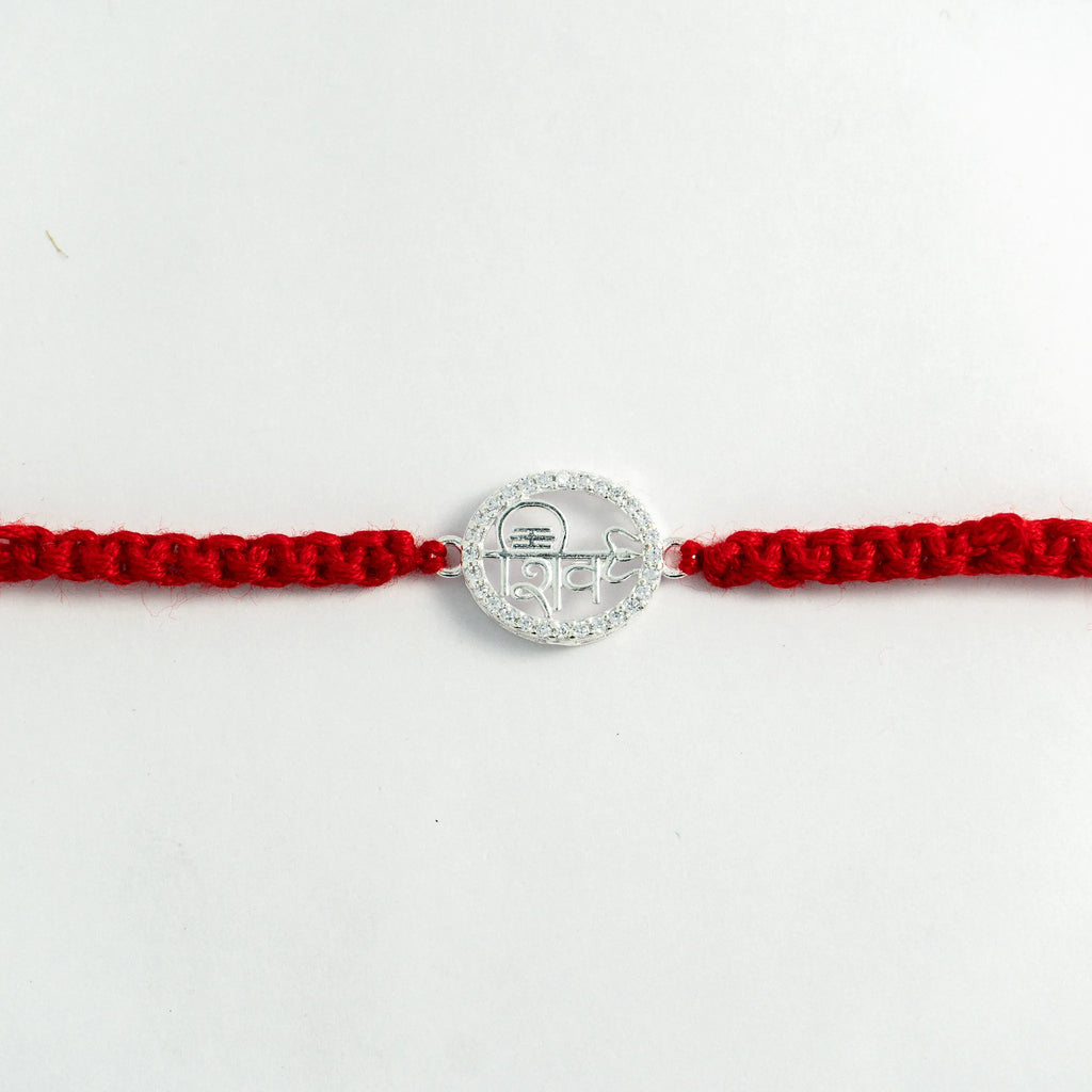 Silver Shiv Rakhi for Brother with Handcrafted Red Thread