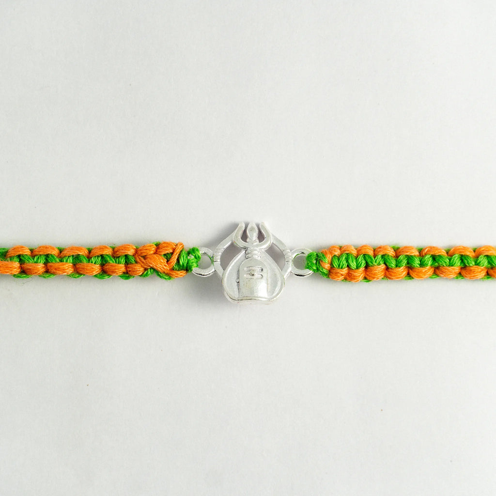 Silver Shivling Trishul Rakhi for Brother with Green and Saffron Thread