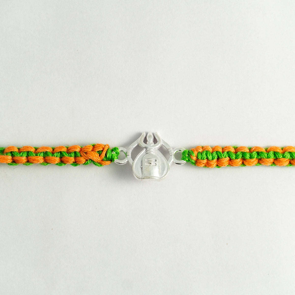 Silver Shivling Trishul Rakhi for Brother with Green and Saffron Thread