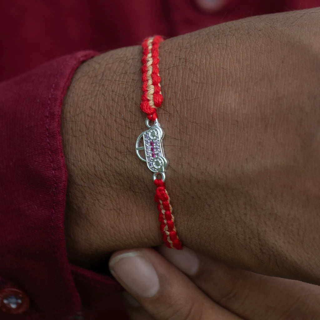 Silver Car Kids Rakhi for Brother with Handcrafted Red Thread