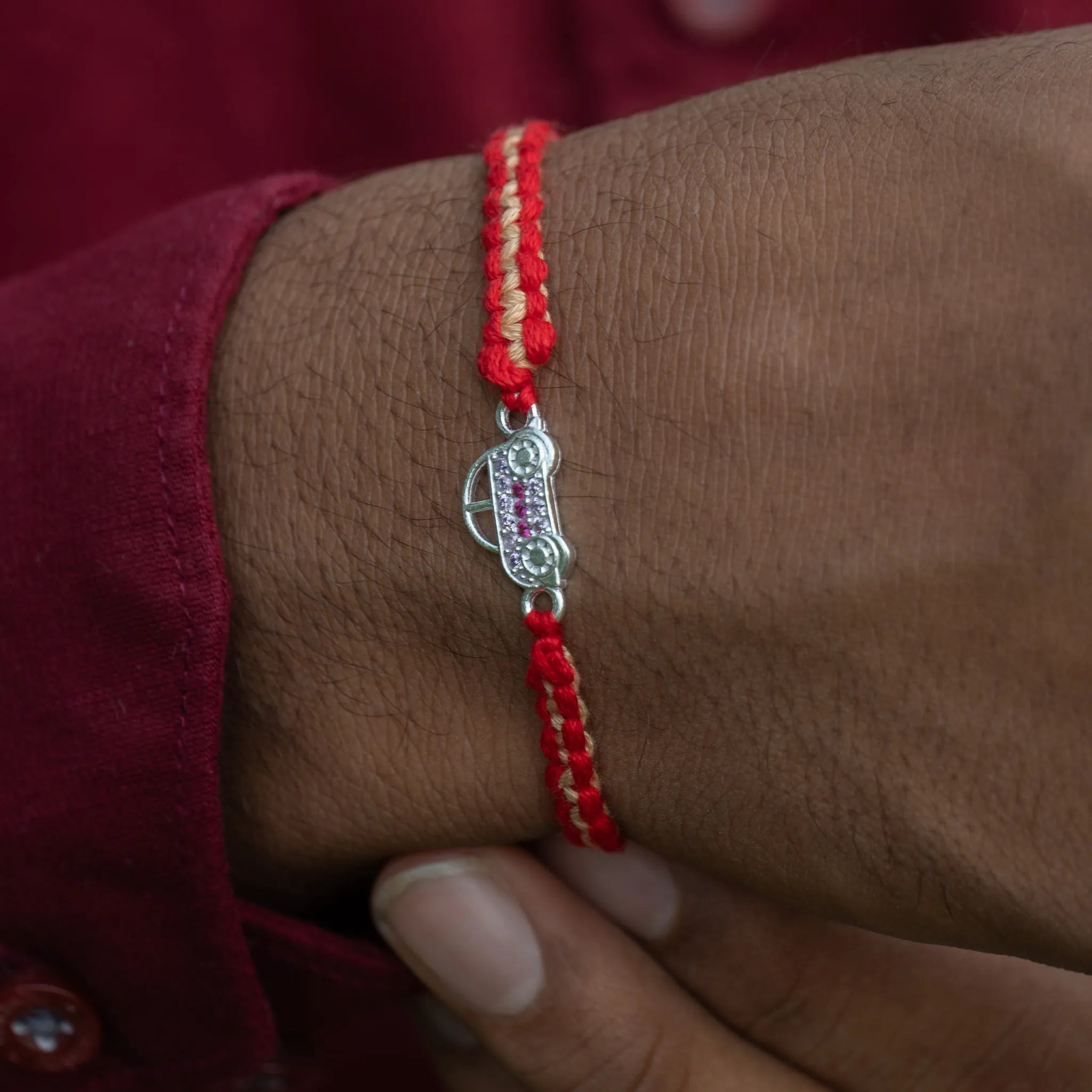 Silver Car Kids Rakhi for Brother with Handcrafted Red Thread