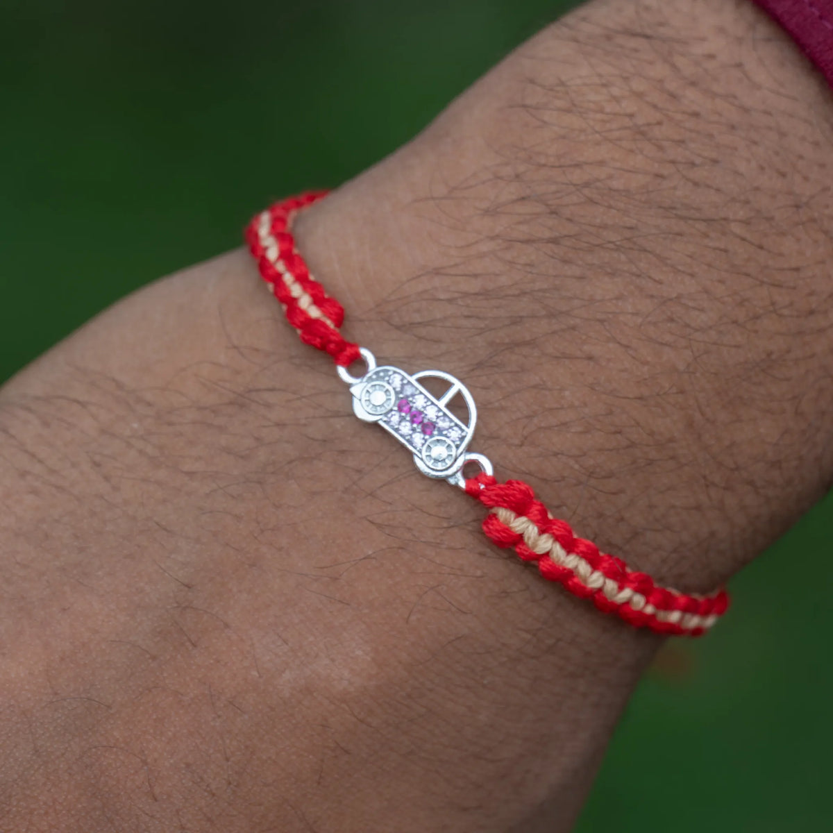 Silver Car Kids Rakhi for Brother with Handcrafted Red Thread