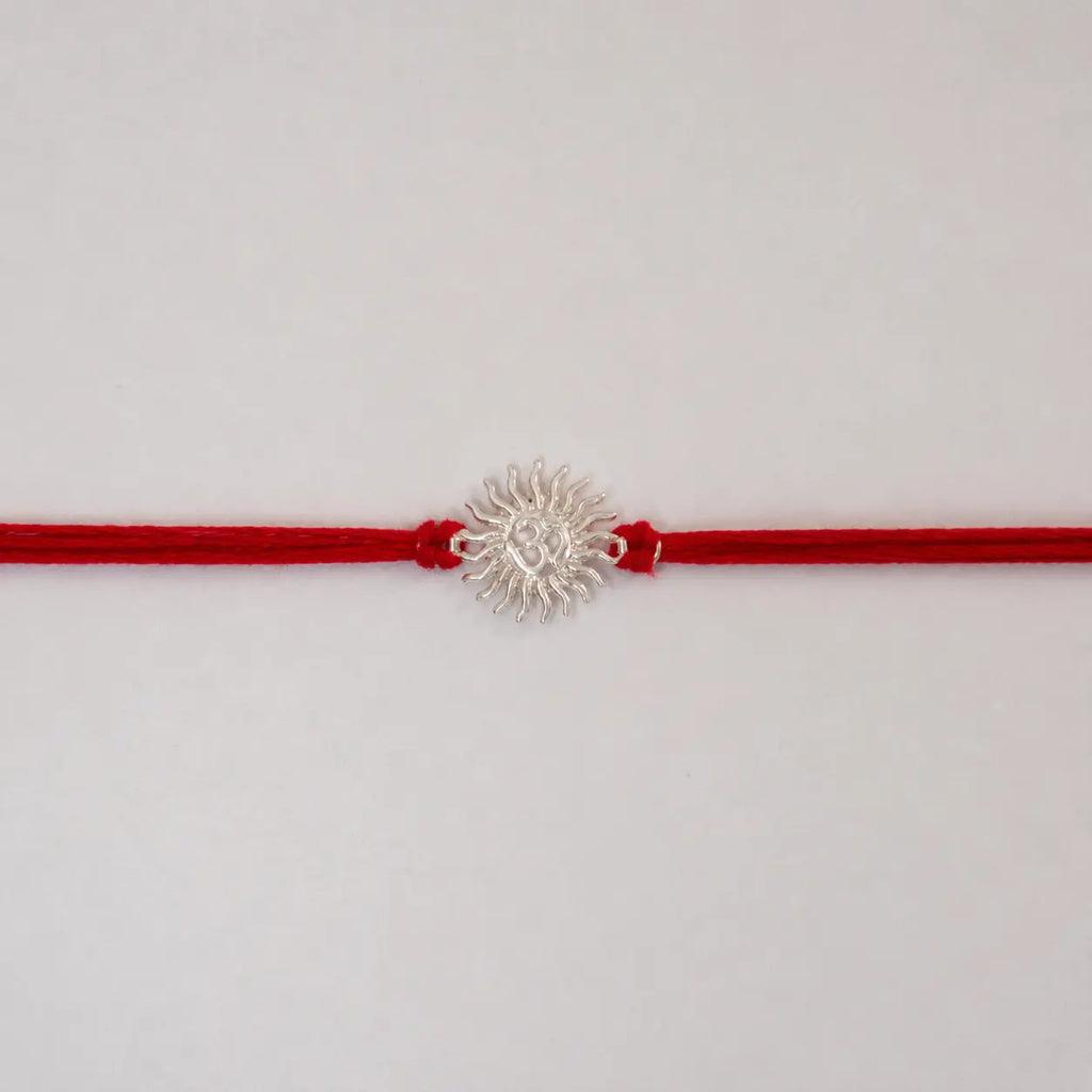 925 Sterling Silver Om Surya Rakhi for Brother with Red Thread