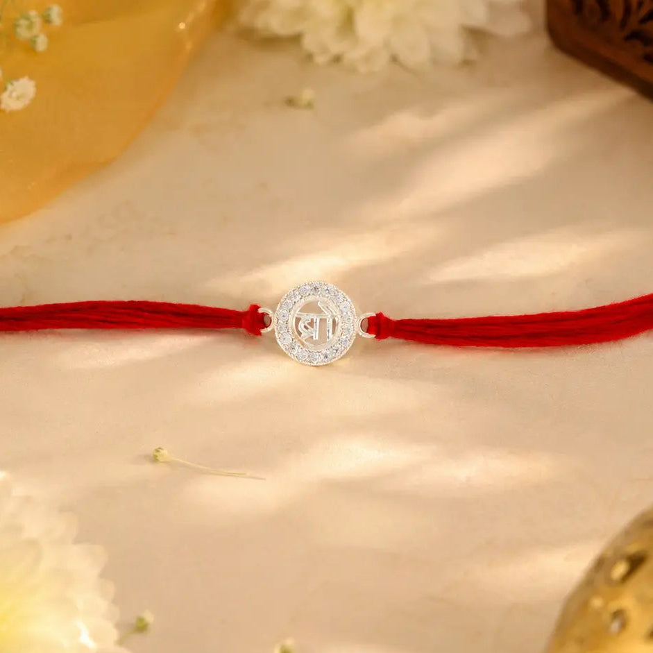 925 Sterling Silver BRO Rakhi with Sparkling Stones and Red Thread - Shree Krishna Jewellers
