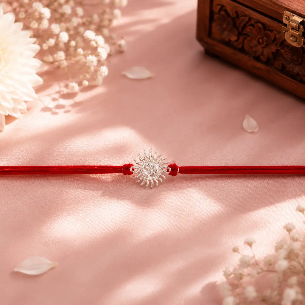 925 Sterling Silver Om Surya Rakhi for Brother with Red Thread
